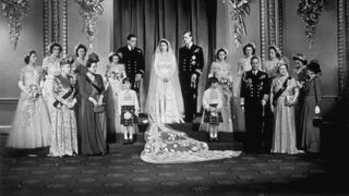 Princess Elizabeth, Prince Philip, Duke of Edinburgh with King George VI and Queen Elizabeth (right) and members of the immediate and extended Royal Family at Buckingham Palace