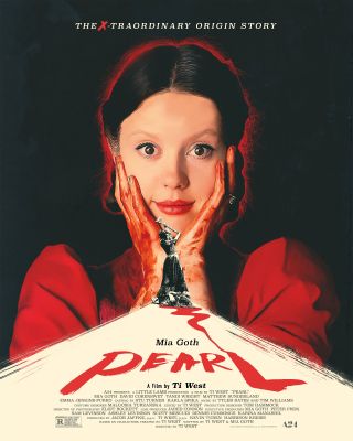 Mia Goth cups her smiling face with bloody hands on Pearl's theatrical poster.