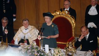 LONDON, UNITED KINGDOM - NOVEMBER 24: Queen Elizabeth ll delivers her "Annus Horribilis" speech at the Guildhall and describes her sadness at the events of the year including the marriage breakdown of her two sons and the devastating fire at her home Windsor Castle on November 24, 1992 in London, England.