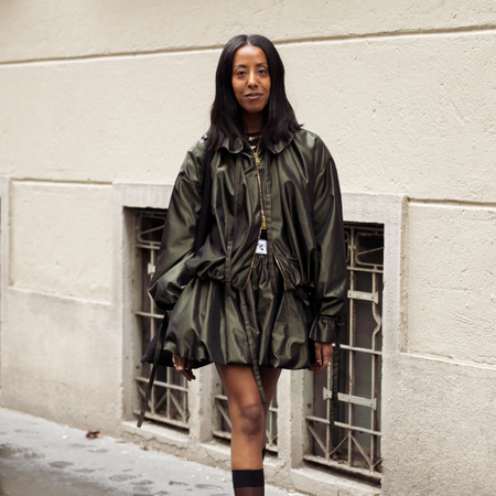 Woman wearing a technical bomber jacket