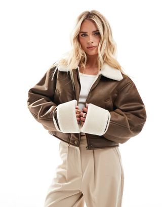 Asos Design Top Collar Shearling Jacket in Hazelnut