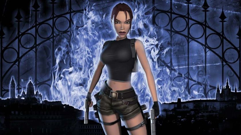 Lara Croft stands in front of blue flames and a city vista in the Tomb Raider: The Angel of Darkness key art used on the box, cropped to fit a thumbnail