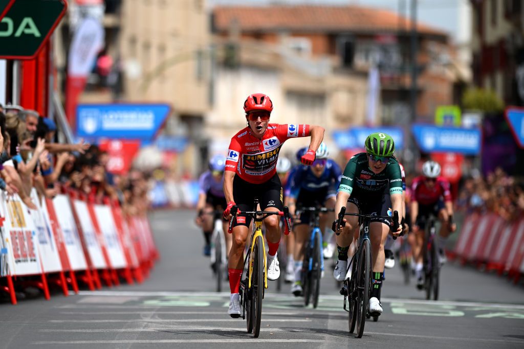 LA RODA SPAIN MAY 03 LR Marianne Vos of The Netherlands and Team JumboVisma Red Leader Jersey celebrates at finish line as stage winner ahead of Charlotte Kool of The Netherlands and Team DSM Green points jersey during the 9th La Vuelta Femenina 2023 Stage 3 a 1578km stage from Elche de la Sierra to La Roda UCIWWT on May 03 2023 in La Roda Spain Photo by Dario BelingheriGetty Images