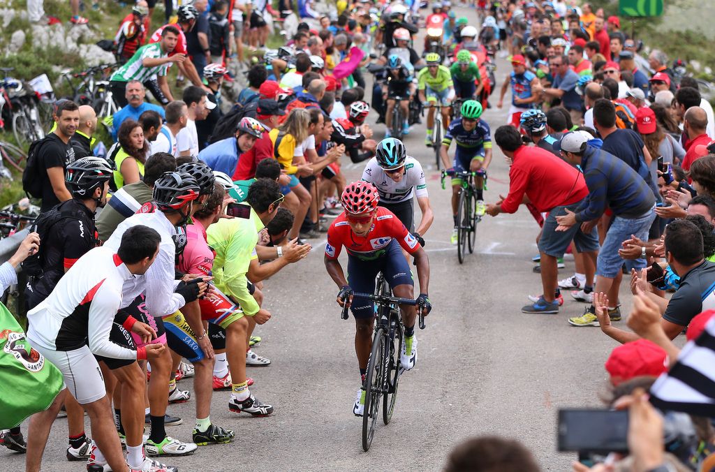 Esteban Chaves (Orica-BikeExchange) tries to hold on as Nairo Quintana and Chris Froome push past
