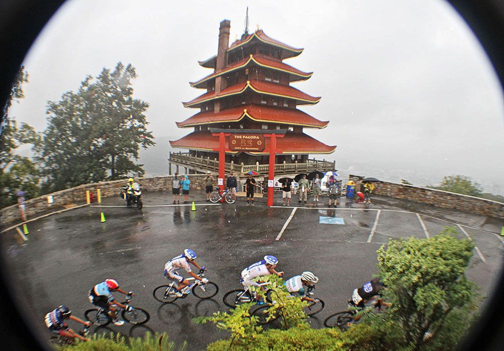 Riders circle the Pagoda, which is the high point of the course.