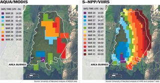 Satellites that track wildfires provide different levels of detail. The image at left, produced from the MODIS instrument aboard NASA's Aqua satellite, uses 1-kilometer pixels (slightly more than half a mile across) to approximate a fire burning in Brazil from March 26 to 30, 2013. The image at right, produced with data from the new VIIRS instrument on the Suomi NPP satellite, shows the same fire in with 375-meter pixels (slightly more than 1,200 feet across).