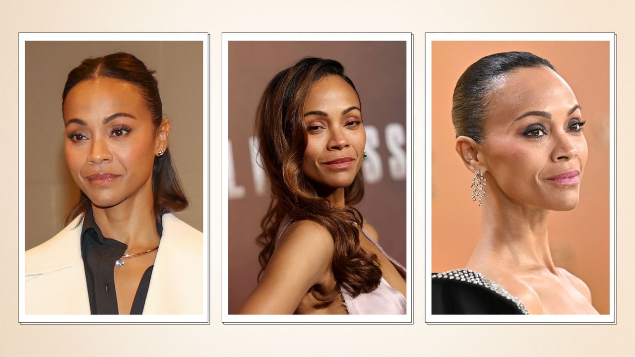 three images of Zoe Saldaña wearing different beauty looks on a beige background