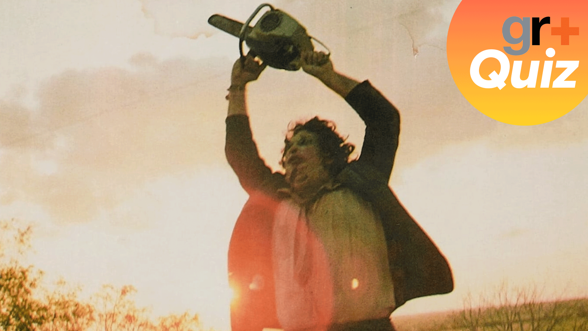 Leatherface holding a chainsaw above his head during the ending of the horror movie, The Texas Chain Saw Massacre with the GamesRadar+ quiz logo
