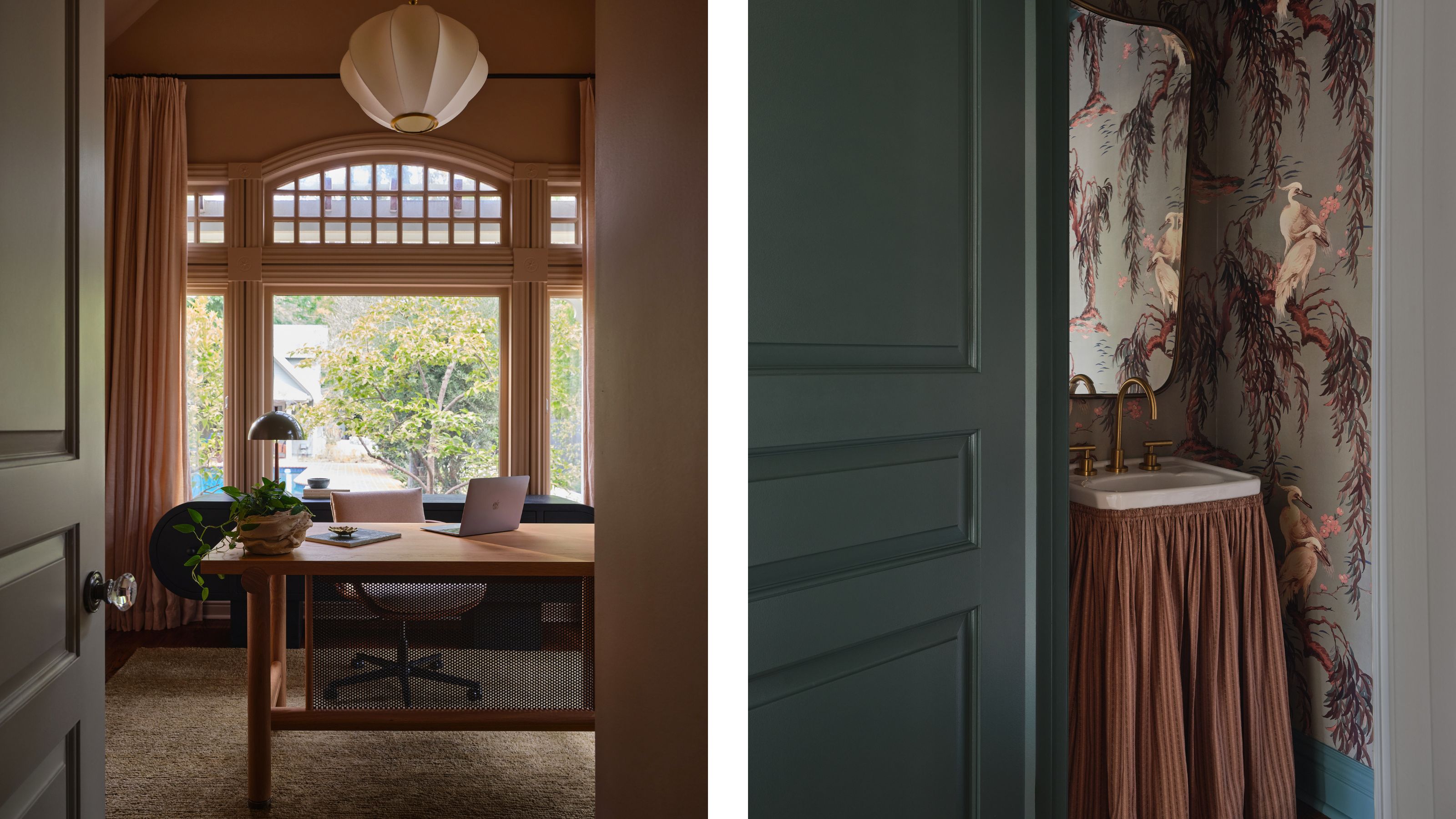 two side by side images of a warm home office and a wallpapered powder room with sink skirt