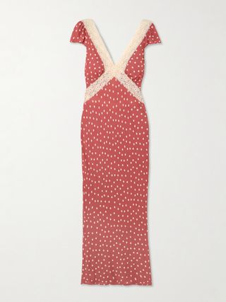 Red and White Lace-Trimmed Polka-Dot Crepe De Chine Midi Dress