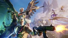 The loading screen for Fortnite: Myths and Mortals. Greek gods stand side by side as warfare explodes in the background. Foreground is Zeus holding an SMG