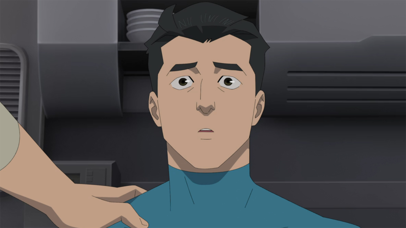 Mark looking surprised as a hand rests on his right shoulder in Invincible season 4 episode 8