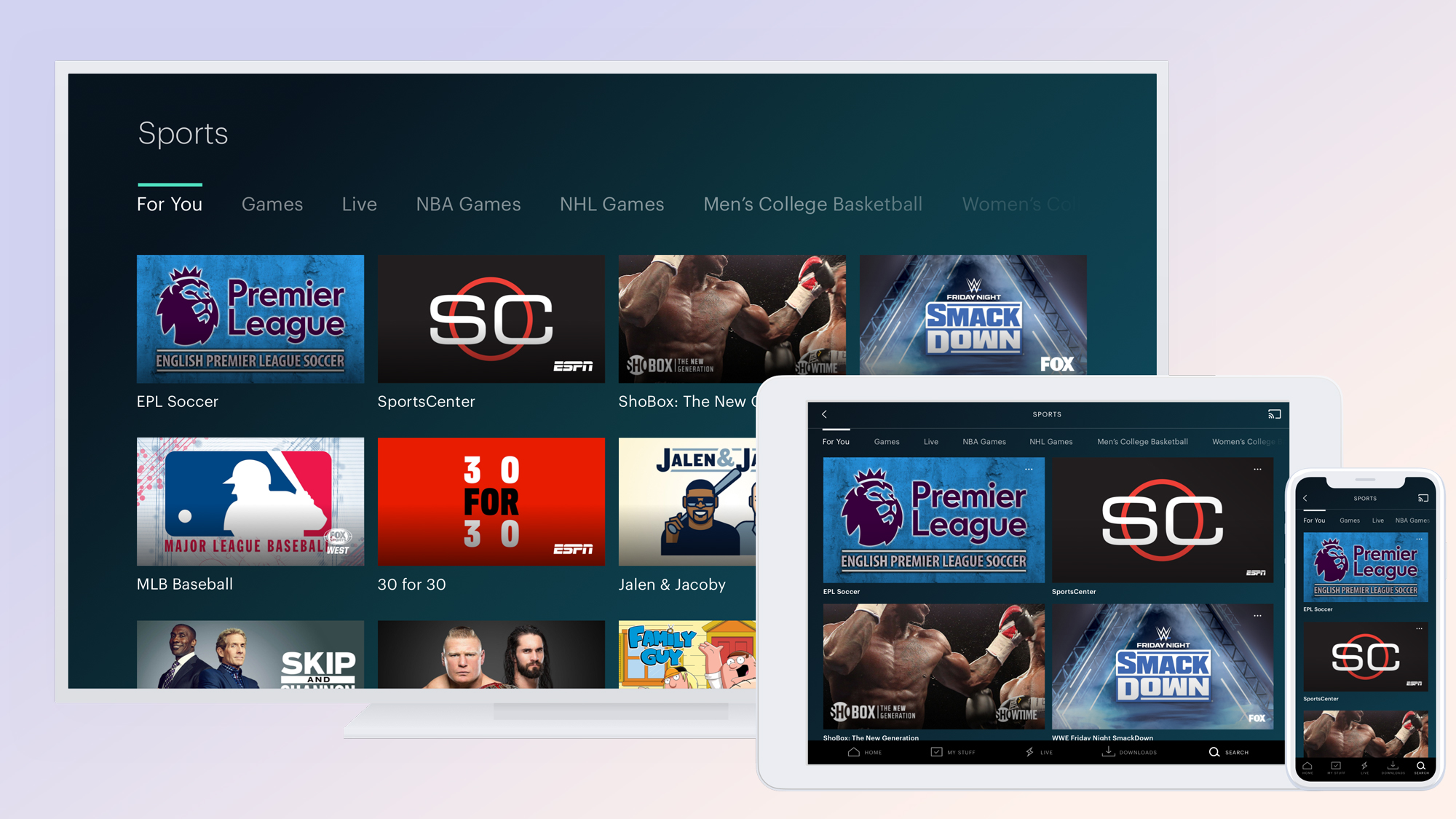 A wide range of sports content on Hulu with Live TV on a TV, tablet and phone