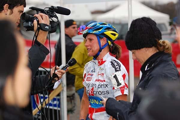 Katerina Nash (Luna Pro Team) is interviewed after the race.