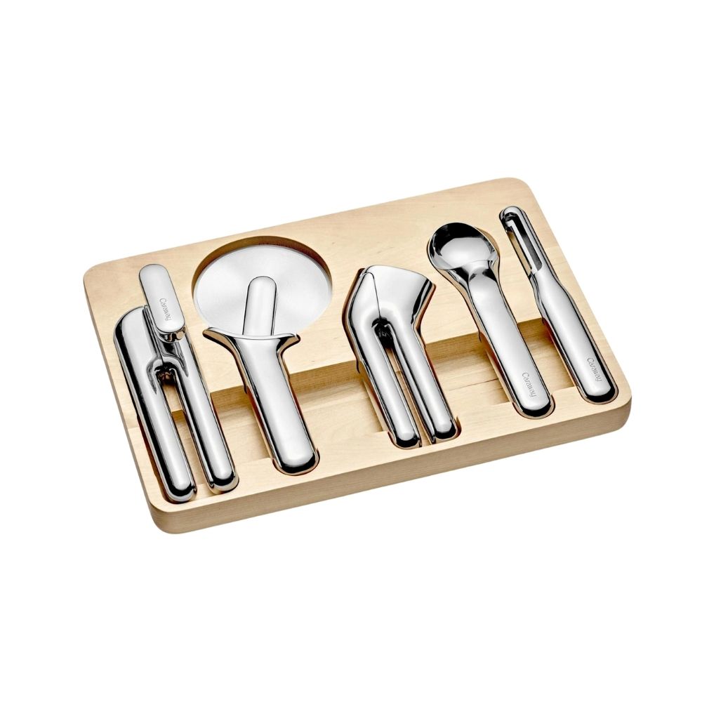 Steel kitchen utensils in wood organizer