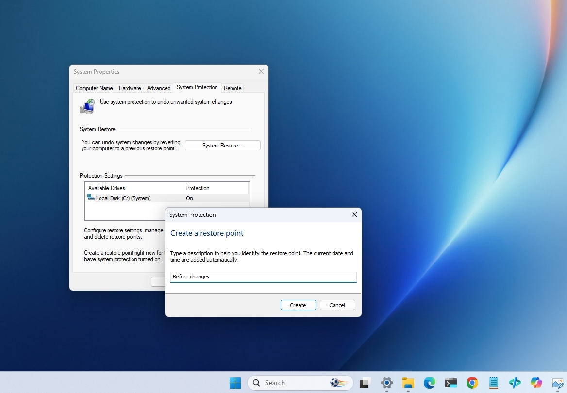 Windows 11 desktop showing the System Restore settings.