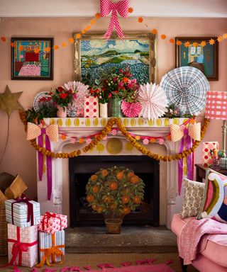 Maximalist christmas living room with decorated fireplace