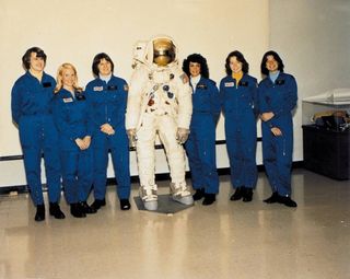 In January 1978, NASA selected six women into the class of 35 new astronauts to fly on the Space Shuttle. From left to right are Shannon W. Lucid, Ph.D., Margaret Rhea Seddon, M.D., Kathryn D. Sullivan, Ph.D., Judith A. Resnik, Ph.D., Anna L. Fisher, M.D., and Sally K. Ride, Ph.D.