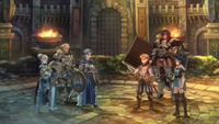 A group of anime-esque medieval soldiers stand in front of castle walls.