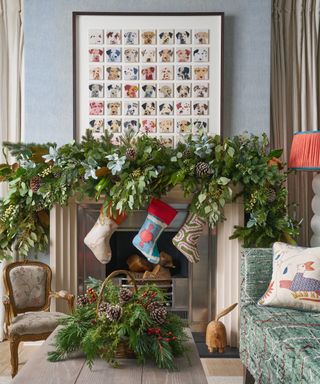 Decorated mantel with foliage and stockings