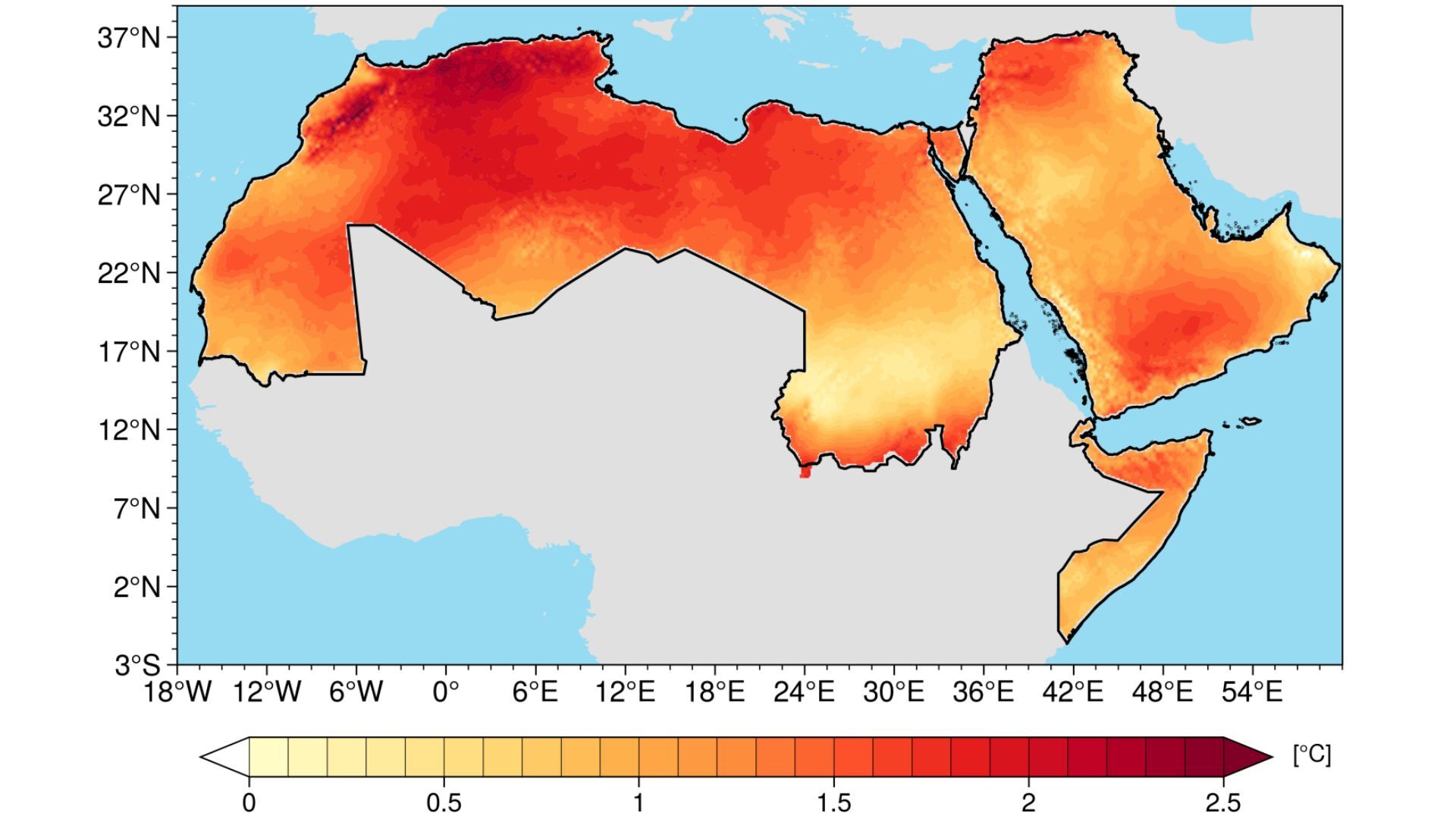 A heat map showing Air Temperature Anomalies in the Arab region
