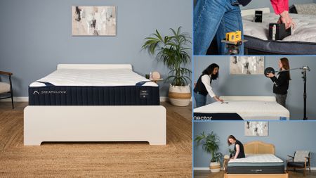 A collage of images showing our mattress testing process. On the left, the DreamCloud Classic Hybrid mattress in our Sleep Lab. On the right, top to bottom: a close up of edge support, our team testing motion isolation, a person tests the comfort and support of a mattress
