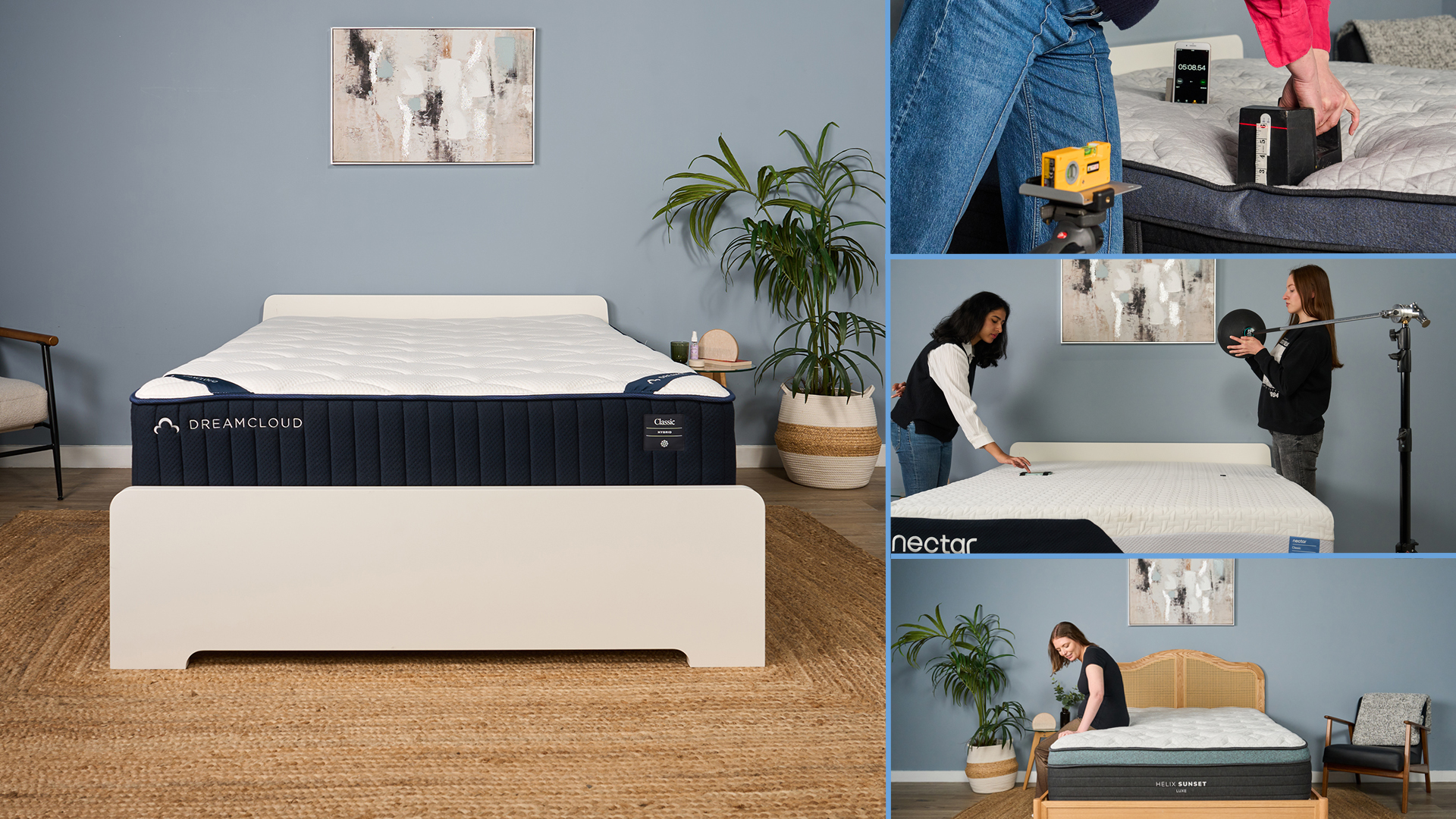 A collage of images showing our mattress testing process. On the left, the DreamCloud Classic Hybrid mattress in our Sleep Lab. On the right, top to bottom: a close up of edge support, our team testing motion isolation, a person tests the comfort and support of a mattress