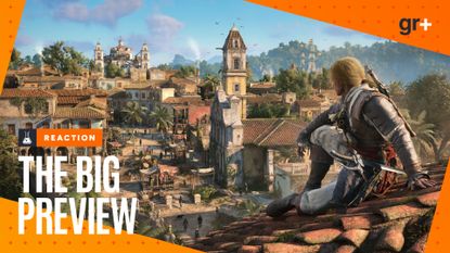 Edward Kenway leans on a tiled roof as he looks out across Havana in the sunshine in Assassin's Creed Black Flag Resynced, with an orange GamesRadar+ Big Preview frame