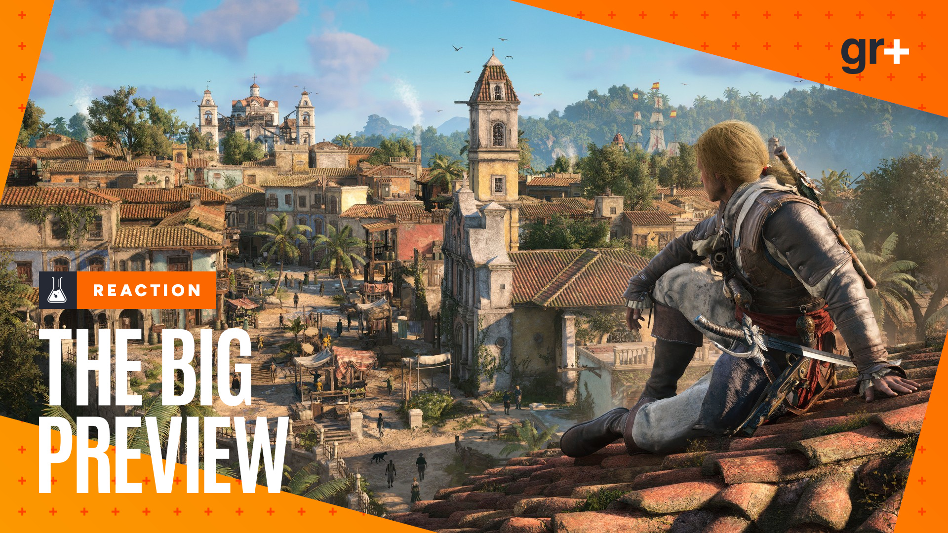 Edward Kenway leans on a tiled roof as he looks out across Havana in the sunshine in Assassin's Creed Black Flag Resynced, with an orange GamesRadar+ Big Preview frame