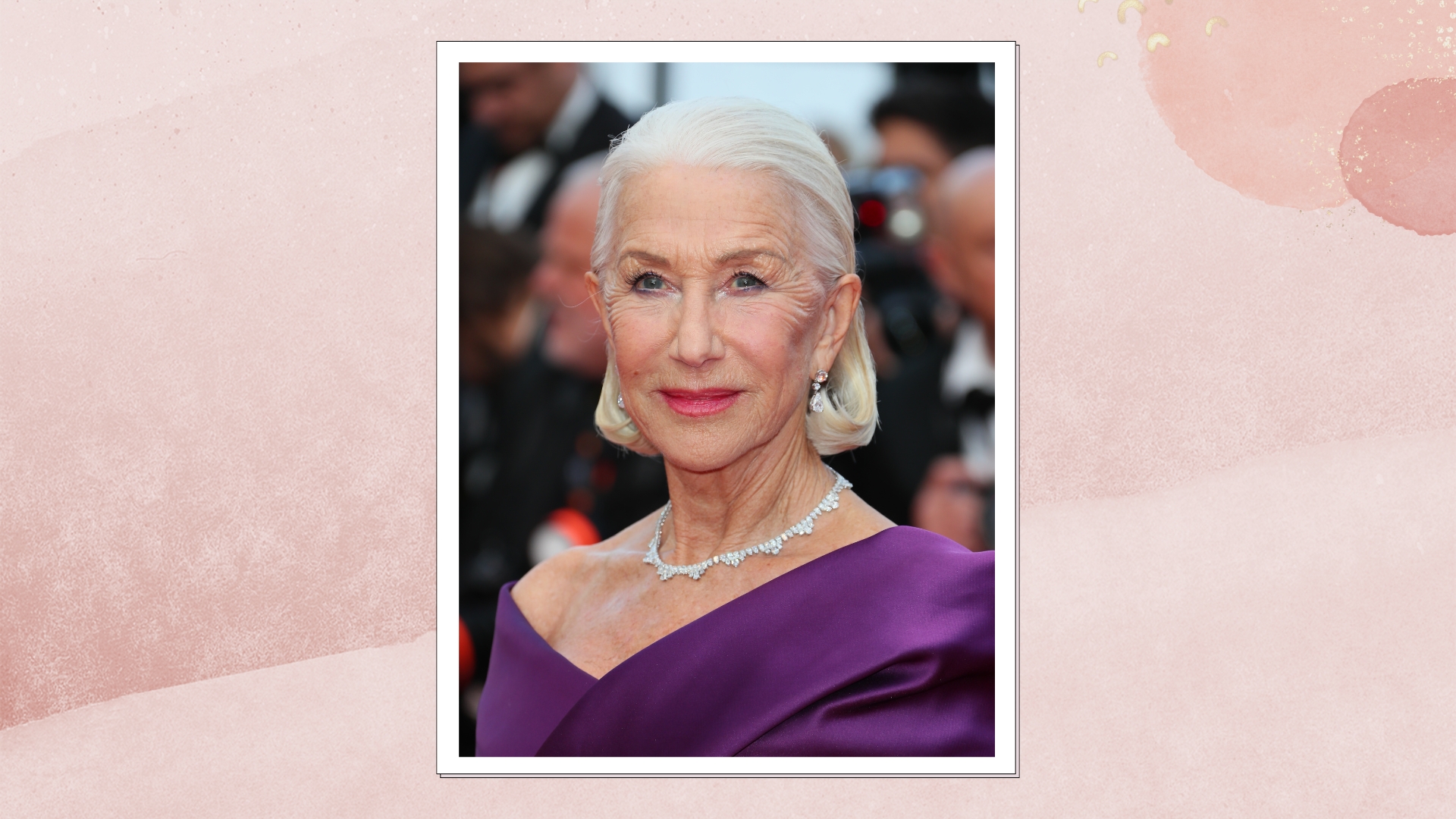 Helen Mirren is pictured wearing a purple dress and with her hair in a sleek, bob hairstyle at the &quot;La Plus Precieuse Des Marchandises&quot; (The Most Precious Of Cargoes) Red Carpet at the 77th annual Cannes Film Festival at Palais des Festivals on May 24, 2024 in Cannes, France/ in a pink watercolour paint-style template