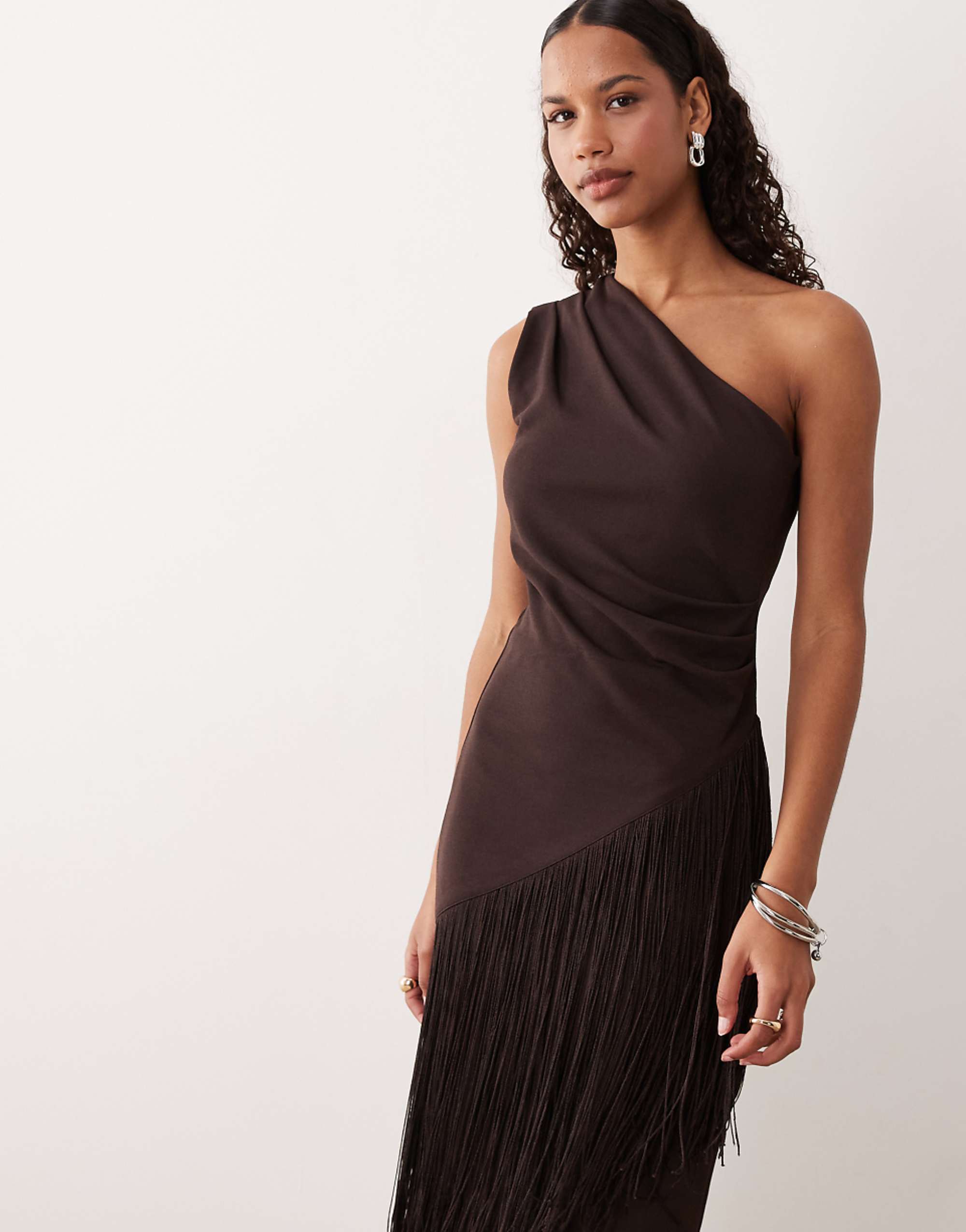 Gina Tricot Co-Ord Asymmetric Longline Fringe Top in Chocolate Brown