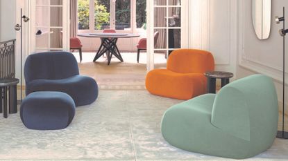 Colors that go with mint green - mint and orange chairs from Ligne Roset