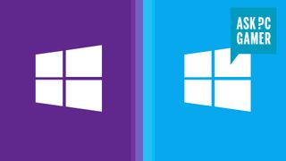 Windows 10 Home and Pro logos on purple and blue background 