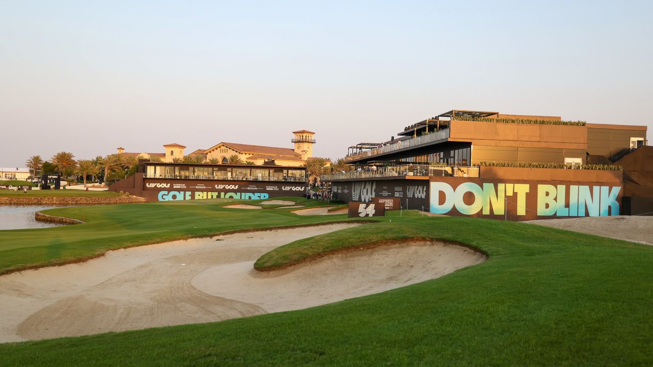 The 18th green at Royal Greens Golf &amp; Country Club during the 2022 LIV Golf Jeddah tournament