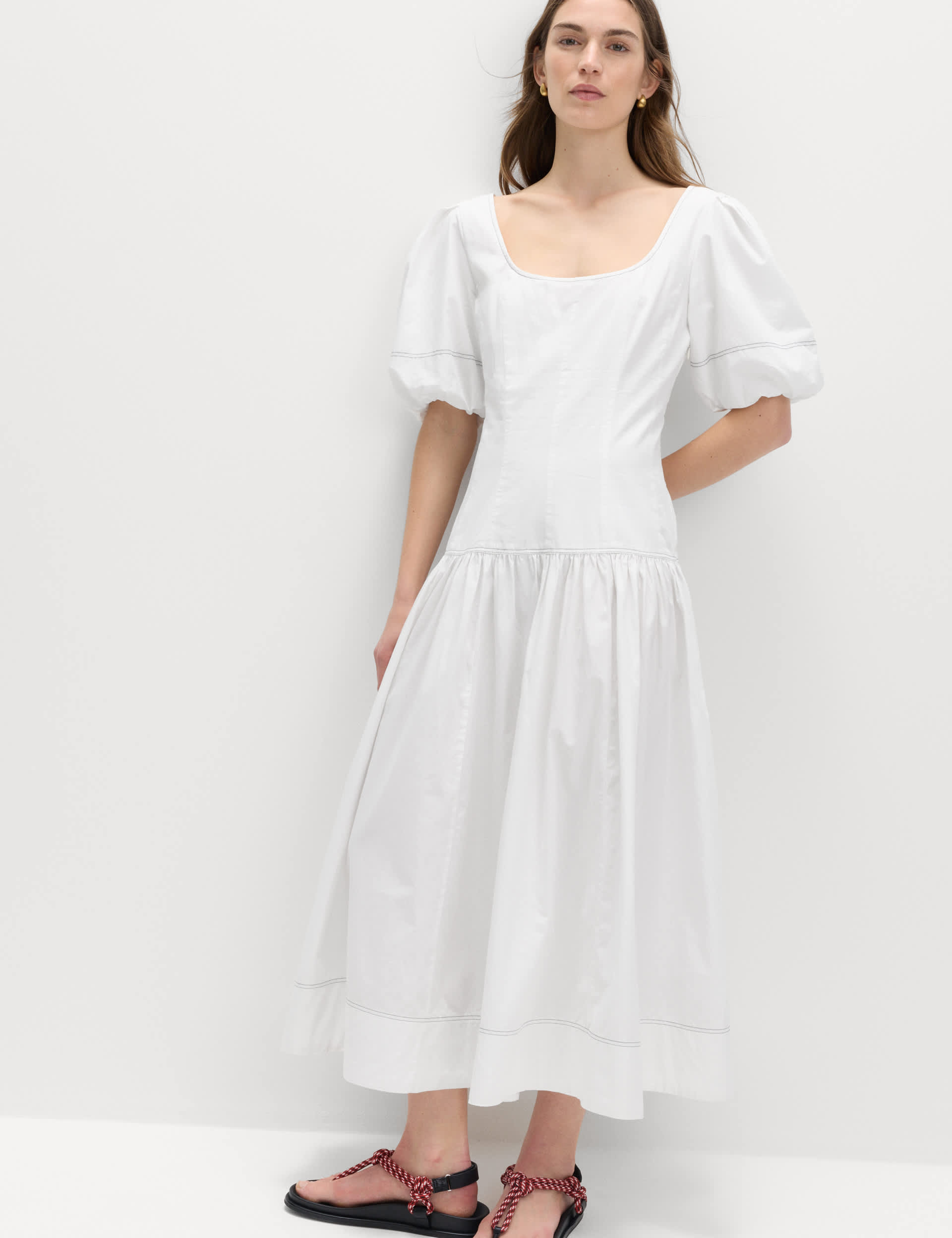Pure Cotton Drop Waist Midi Waisted Dress