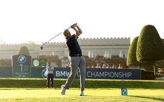 Monahan strikes a tee shot on the first tee at the BMW PGA Championship Pro-Am