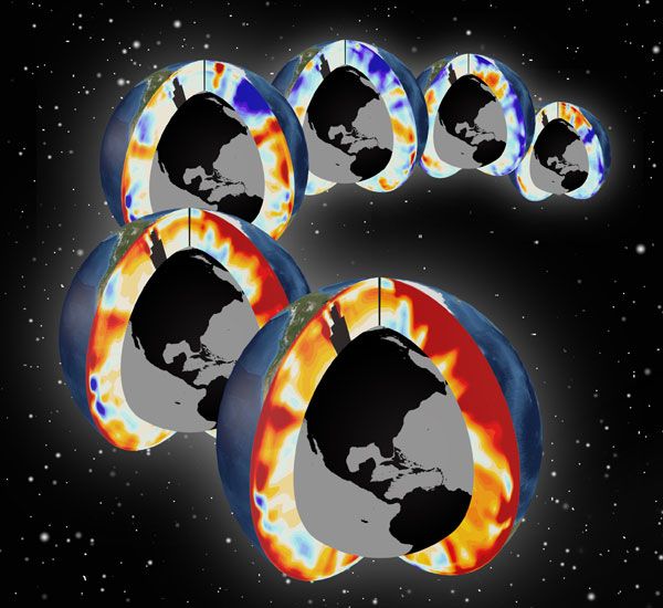 Cross sections representing temperature changes for 1955 to 2011 for the top 2,300 feet (700 meters) of the Atlantic and Pacific Oceans. Each globe represents a 10-year average, with the most recent decade in the foreground. Red represents warming, white 