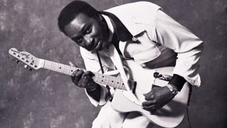 Eddy Clearwater poses for a studio portrait in 1975, holding a Fender Telecaster guitar, in the United States.
