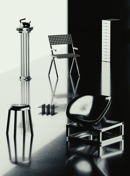 A black and white image showing various shiny metal chairs, stools and cabinets, as well as smaller objects such as a kettle
