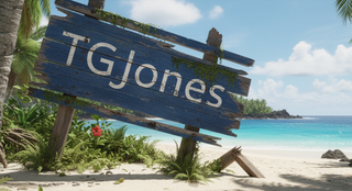 An AI-generated TGJones sign on a desert island