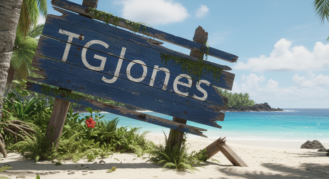 An AI-generated TGJones sign on a desert island