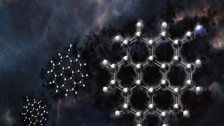 An illustration of a series of beehive comb shaped molecules over a dark blue background