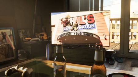 Screenshot from GTA 6 trailer 2, showing a TV and a games console next to it.