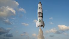 A rocket that looks wrapped in cash takes off.