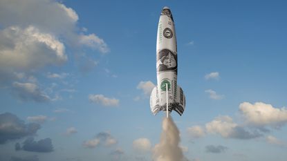 A rocket that looks wrapped in cash takes off.