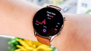 Amazfit GTR 3 Pro displaying heart rate
