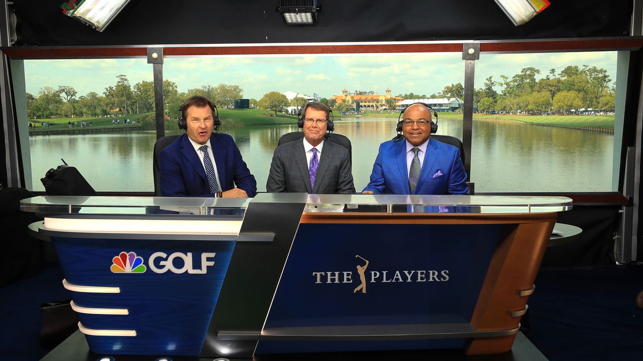 Nick Faldo, Paul Azinger and Mike Tirico announce play for Golf Channel during the second round of the 2019 Players Championship