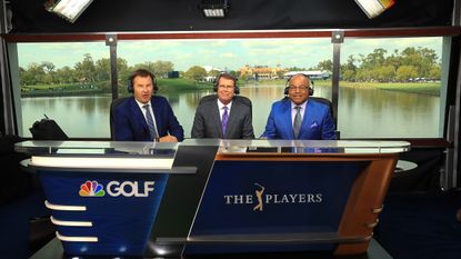 Nick Faldo, Paul Azinger and Mike Tirico announce play for Golf Channel during the second round of the 2019 Players Championship