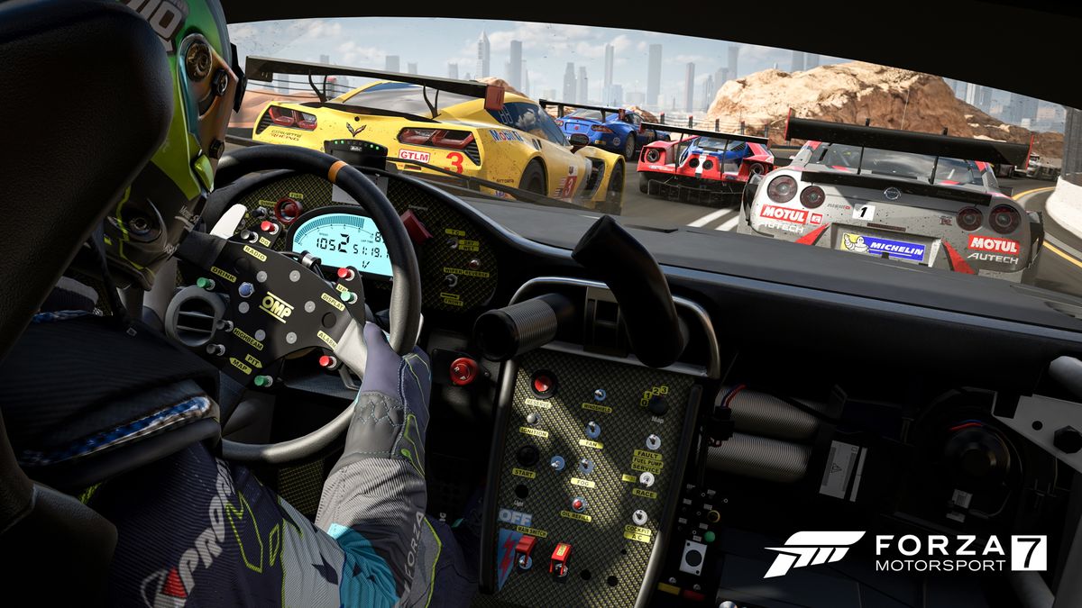 How does Forza 7 improve on Xbox One X over base hardware?