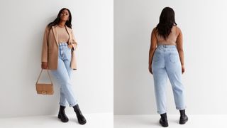 model from front and back wearing light blue new look curve mom jeans
